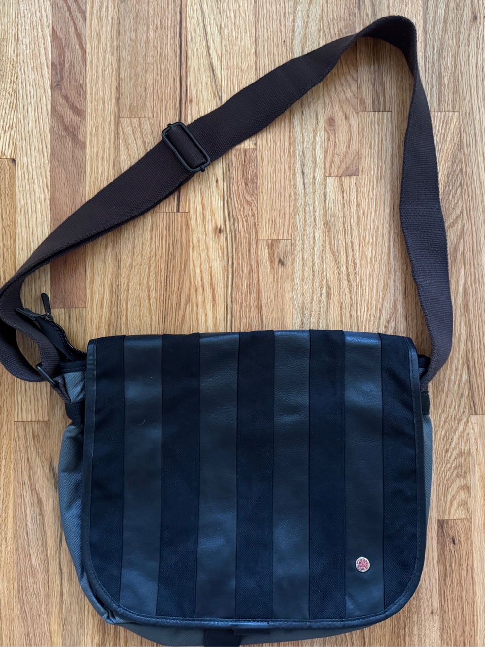 Black Messenger Bag - Leather Stripe Design